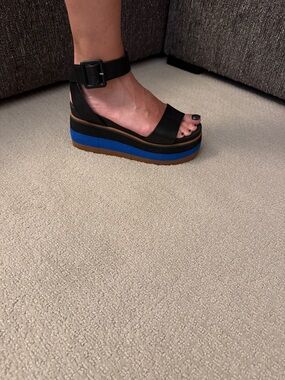 Naked Feet Black Platform Ankle-Strap Sandal with Blue and Brown Stripes
